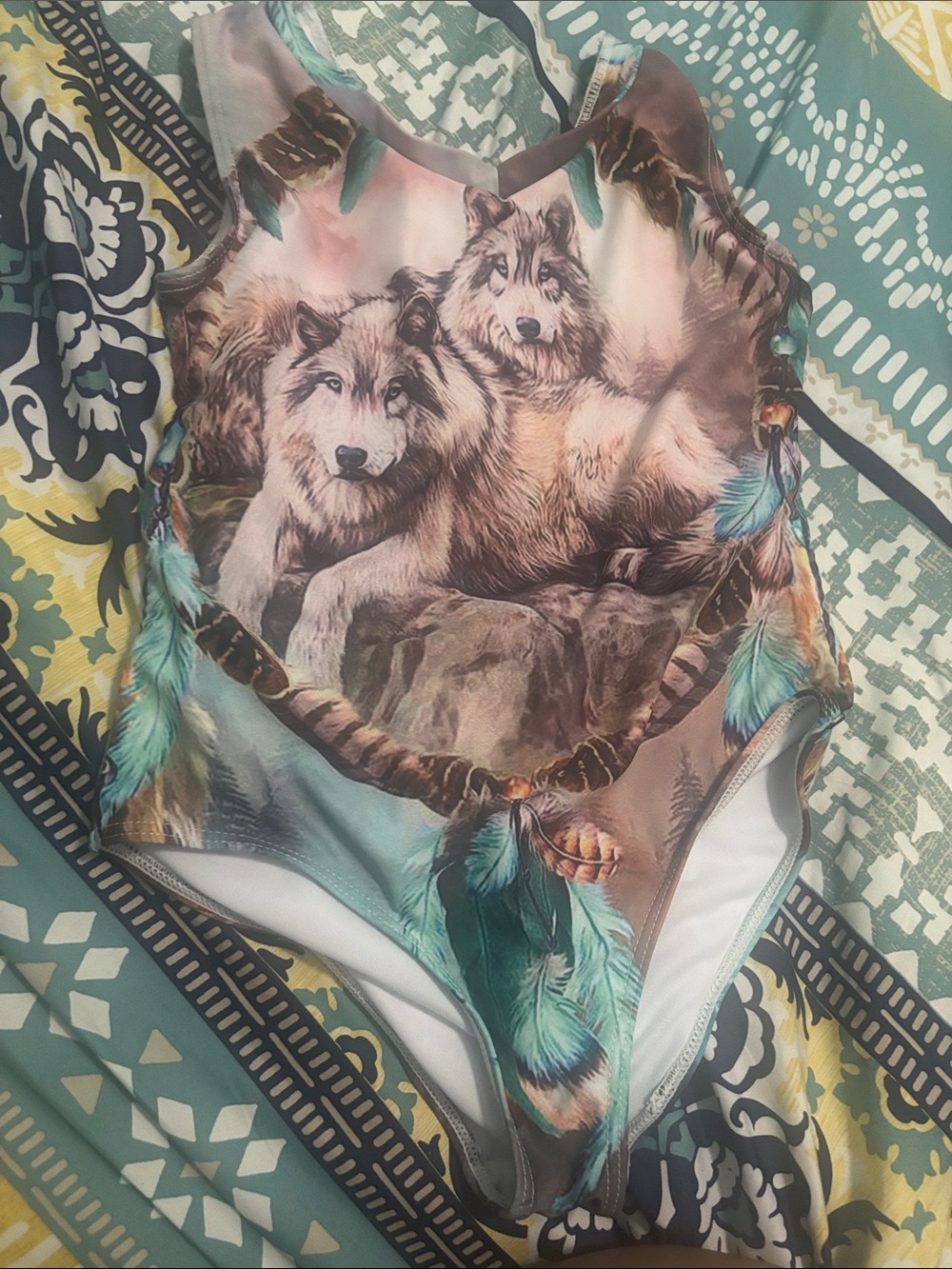 & Other Stories Kids One-Piece Swimsuit in Teal, Brown, Cream with Wolf Motif